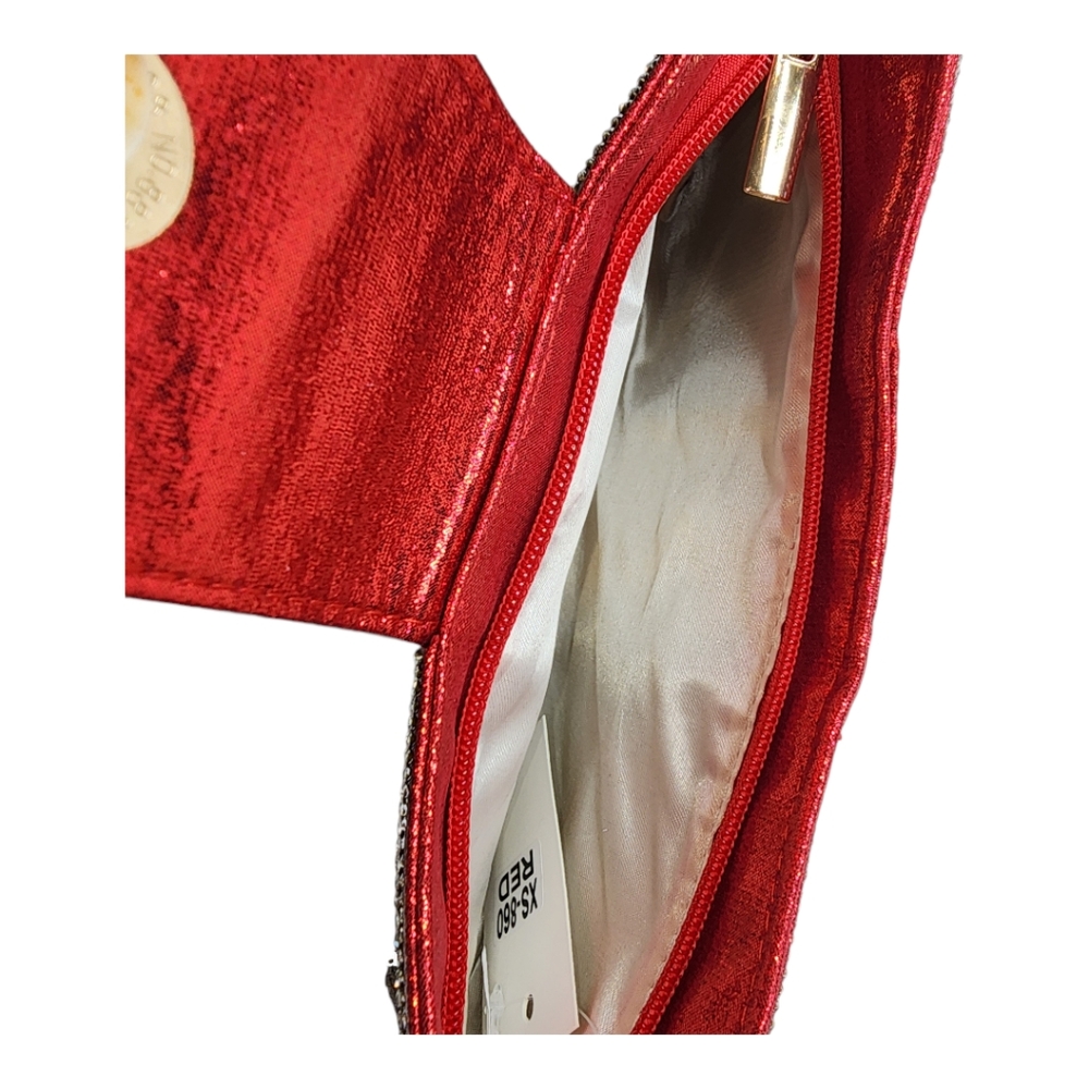 Women's Pavé Red & Silver Rhinestone Bowtie Shape Clutch Handbag Purse - Picture 6 of 7